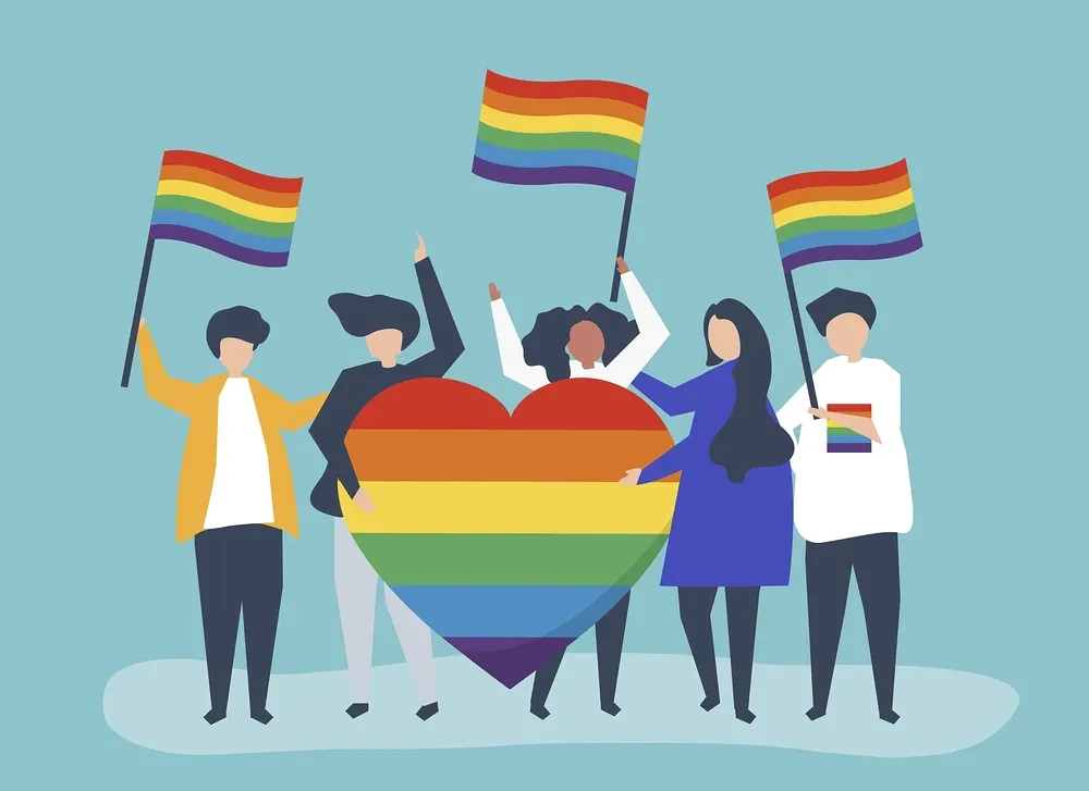Character illustration of people holding LGBT support icons  EKM